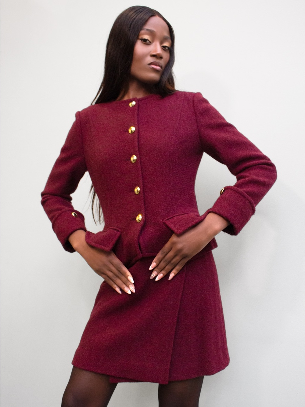 Balenciaga Women's Tailored Burgundy Peplum Coat with Gold Buttons
